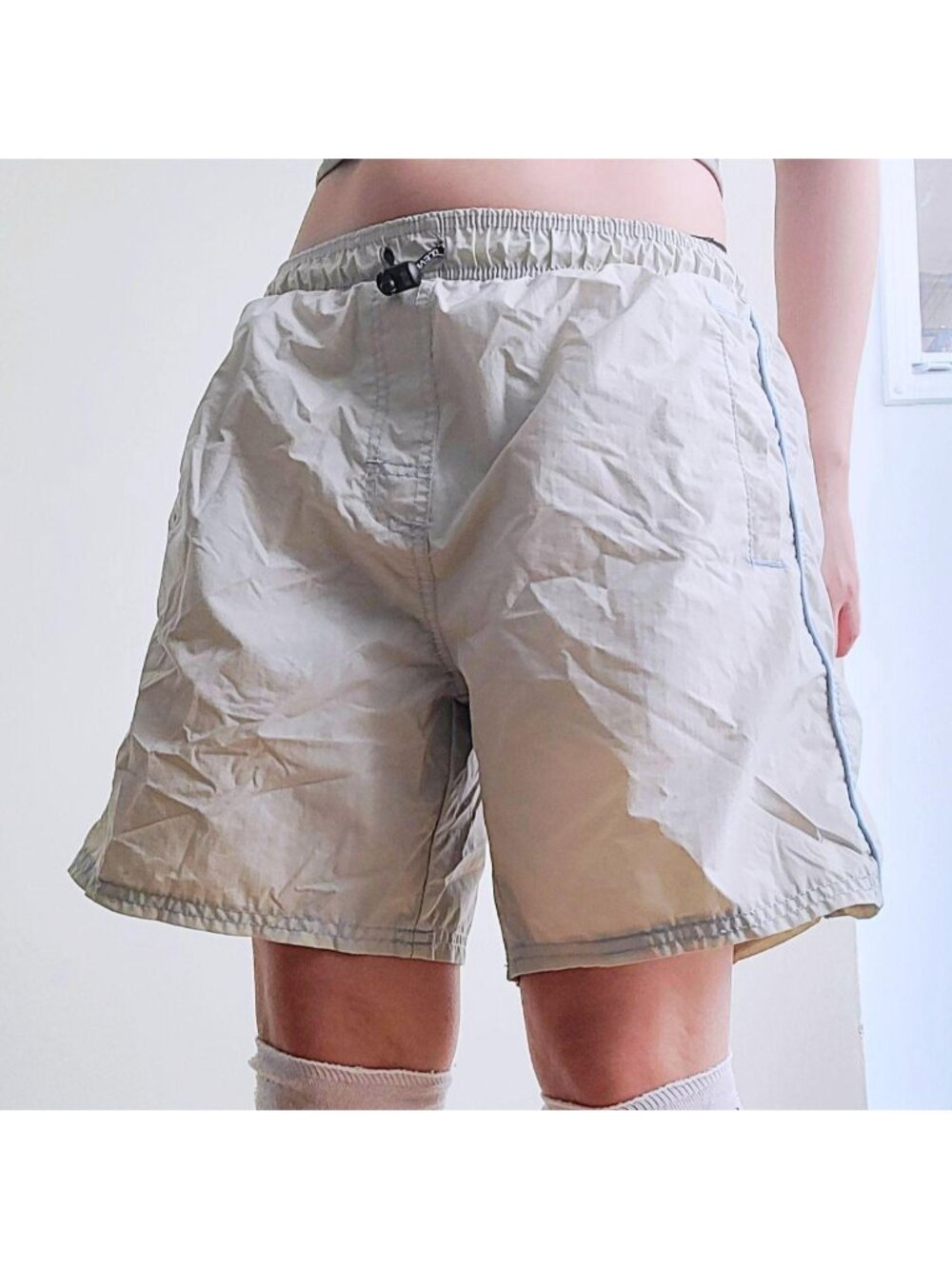 Retro Sporty Beige Nylon Beach Short With Blue Tribal Embroidery (M)